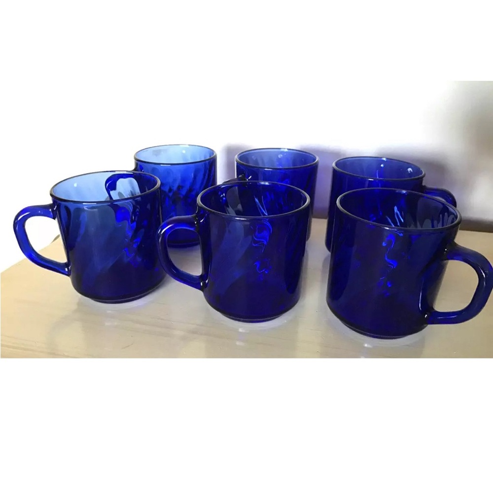 Vintage Arcoroc Cobalt Blue Swirl Glass Mugs Cups FRANCE SET=2